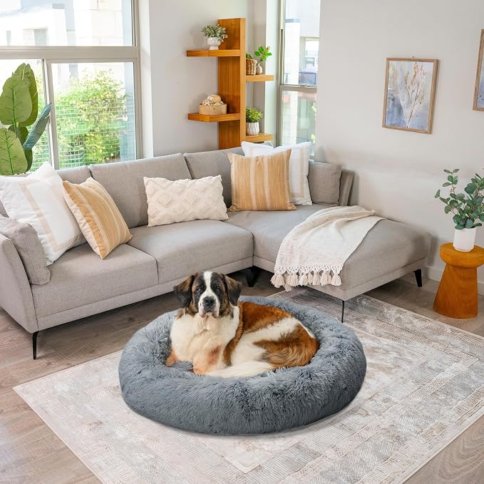 Best Friends by Sheri The Original Calming Donut Dog Bed for Extra-Large Dogs up to 150 lbs, Shag Faux Fur, Gray, 45" x 45"