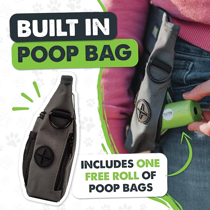 Mighty Paw Dog Treat Pouch, Magnetic No-Spill Clasp, Training Bag | Hands-Free, Belt Sling, Crossbody, Adjustable 30-52in Strap, 4 Compartments, 2 Cups Capacity, Poop Holder