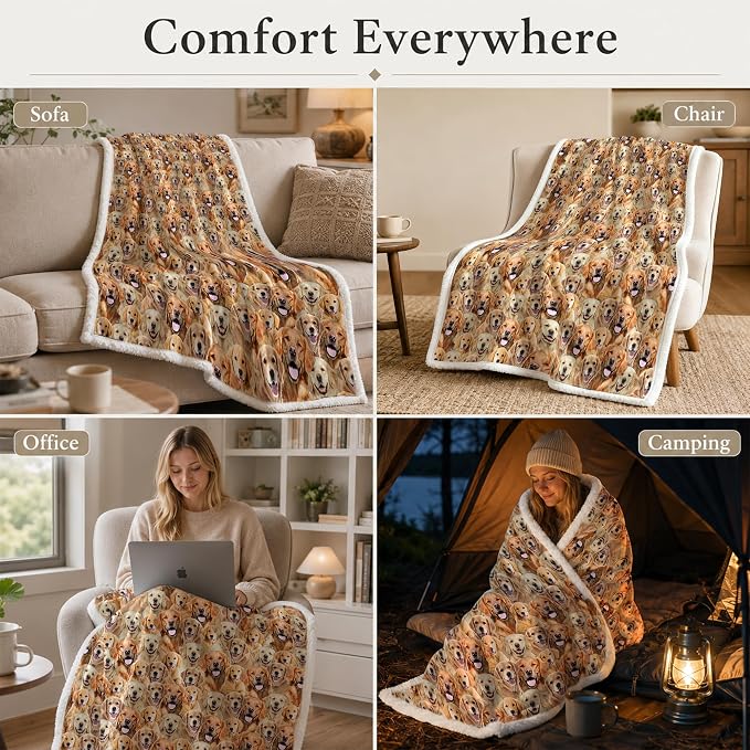 BlessLiving Golden Retriever Throw Blanket with Dense Dog Patterns Sherpa Fleece Blanket Couch Bed, Soft Cozy Warm Pet Blankets for Puppy Lovers Cute Animal Print Gift 50x60 Inches