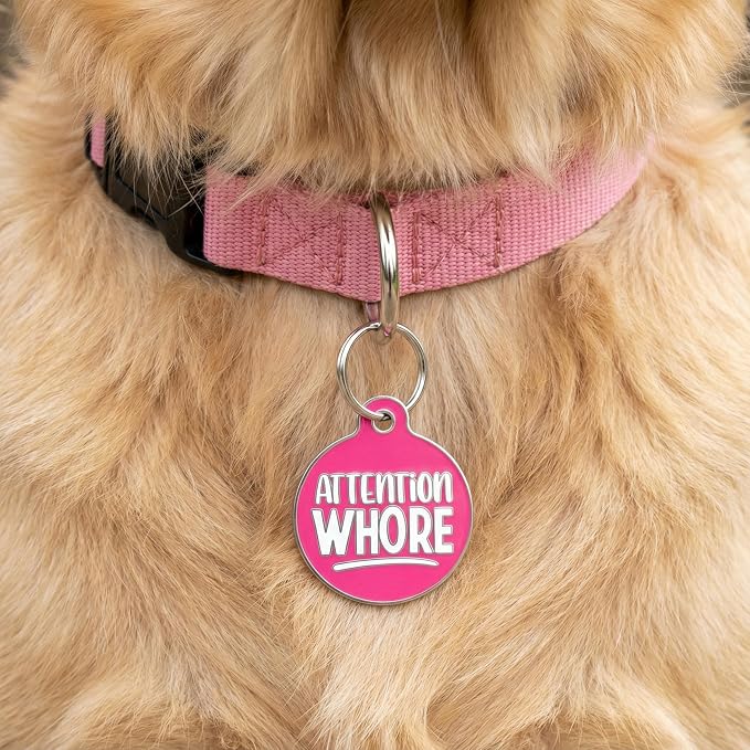 Bad Tags Personalized Dog and Cat ID Tags in 25+ Designs and 2 Sizes - 5 Lines of Custom Engraved Text - Funny Cute Personalized Pet Tags (Attention Wh*re, Small (1 inch))