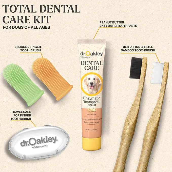 Dr. Oakley Dental Toothbrush Kit for Dogs & Cats -Finger Brush for Small Pets and Soft brushes for Large or Older Natural and Safe Peanut Butter Flavor -