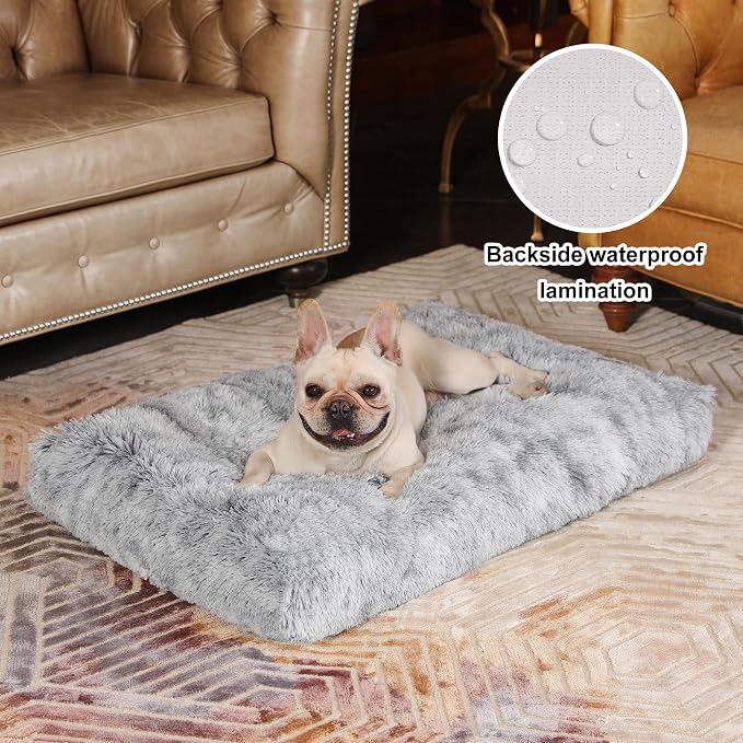 Bedfolks Waterproof Dog Crate Bed With Removable Washable Cover, Plush Faux Fur Pad for Large Dogs, Fluffy Kennel Bed 35"x23", Dark Grey