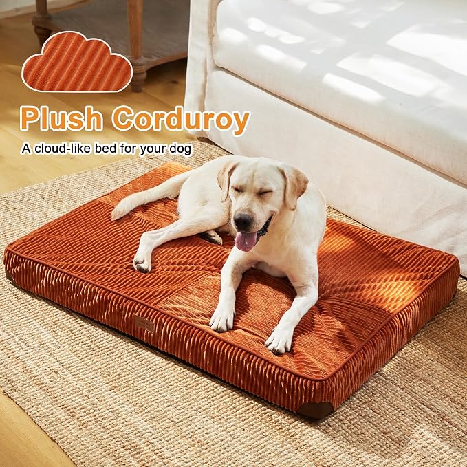 FUKUMARU X-Large Dog Bed, Thickened Waterproof Dog Mat with Washable Cover | 4" Extra Thick Egg Crate Foam Pet Mat, Corduroy Orthopedic Dog Bed for Crate, Flat Dog Pad with Anti-Slip Bottom