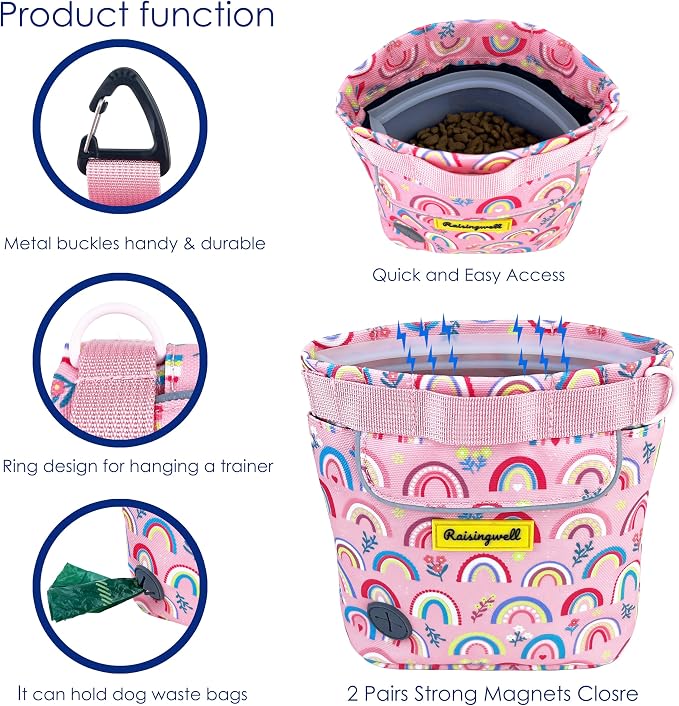 Raisingwell Dog Treat Pouch for Pet Walking and Training with Clicker 2 Cup Silicone Bag Small Fanny Pack Holder for Puppy Snack Dispenser Kit for Leash and Outdoor Use (Rainbow)