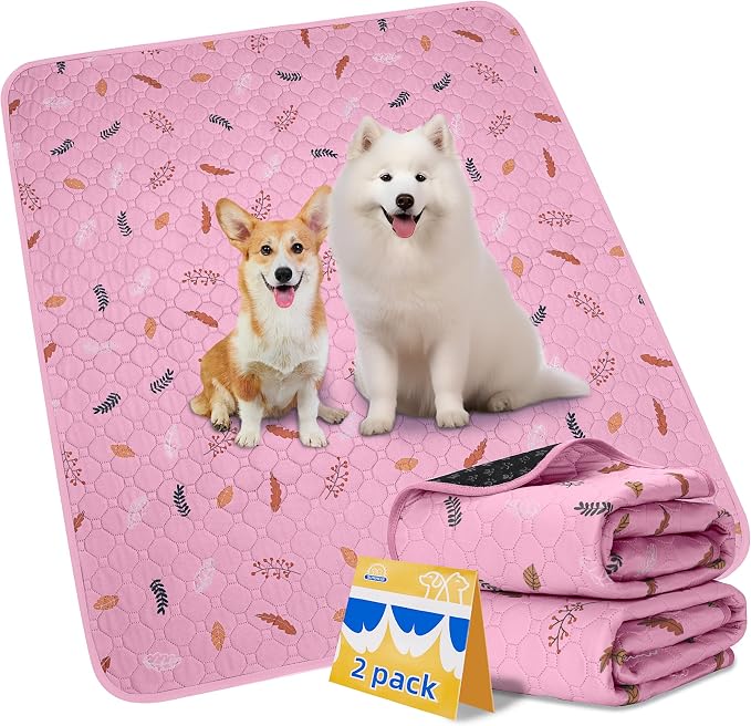 Sunheir Washable Pee Pads for Dogs 2-Pack Reusable Puppy Pads Pet Training Pads, Waterproof Dog Pee Pads for Crate, Whelping Pad, Non-Slip Protects Against Urine Leakage (Leaves - Pink, 18x24)