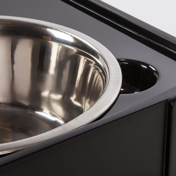 IRIS USA 2-in-1 Elevated Dog Bowls 6" H with Airtight Pet Food Storage Container Holds Up to 47 Lbs, Removable 4 Thick 16 oz Stainless Steel Bowls, at Home or Camping Pet Dish Bowl Set, Smoke/Black