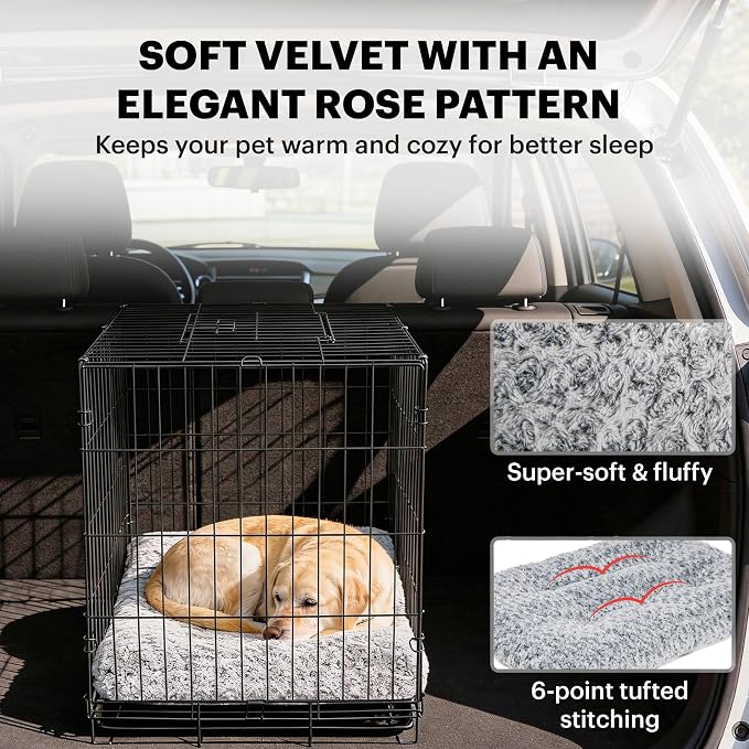 Lafyette. - US Based, Washable Faux Fur Dog Bed, Deluxe Plush Dog Crate Bed, Comfy Kennel Pad, Anti-Slip Pet Sleeping Mat, Soft Cozy Mattress for Large, Medium, Small Size Breed Dogs, 41" x 27", Grey