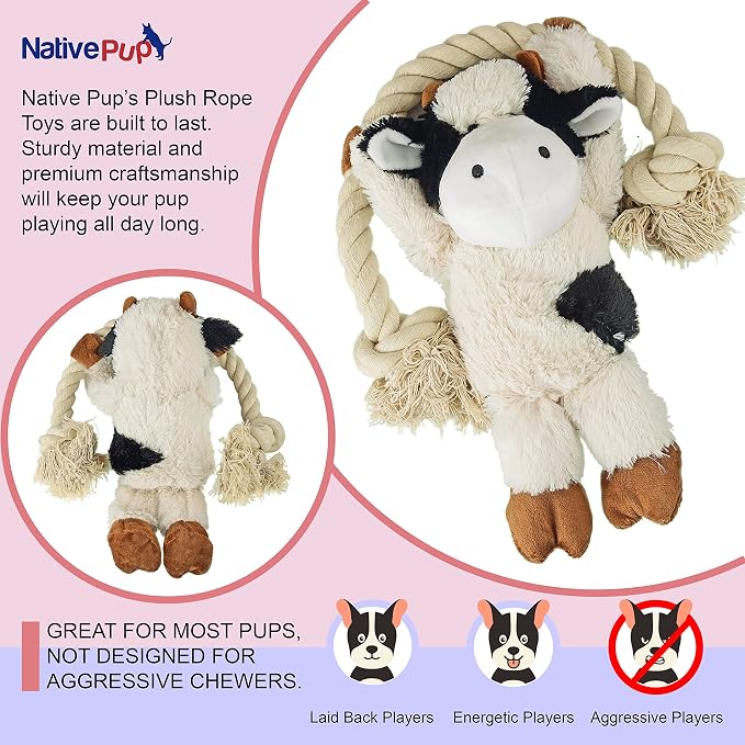 Native Pup Dog Toy Rope and Plush Stuffed Squeaker, Tug of War Toys for Dogs, Puppy Welcome Home Add on for Pets (Cow)