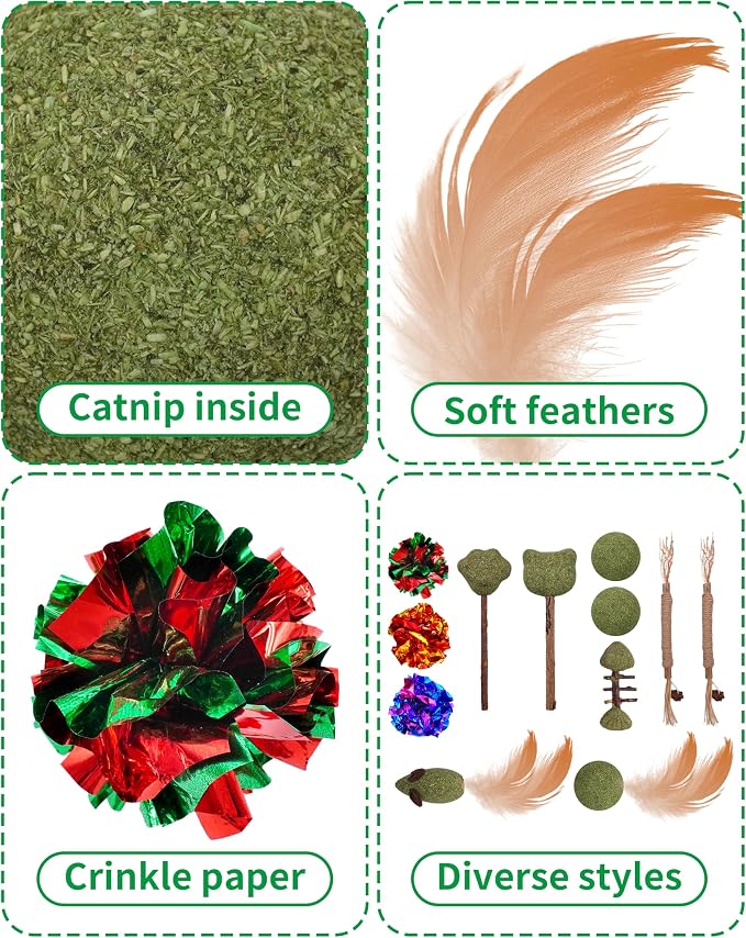 PET SHOW 12 Pack Catnip Toys for Indoor Cats Crinkle Toy Balls Natural Silvervine Sticks Interactive Catnip Fether Balls Cat Nip Mice&Fish Kitten Paw Lollipops Organic Chew Toys Kitty Teething Toy