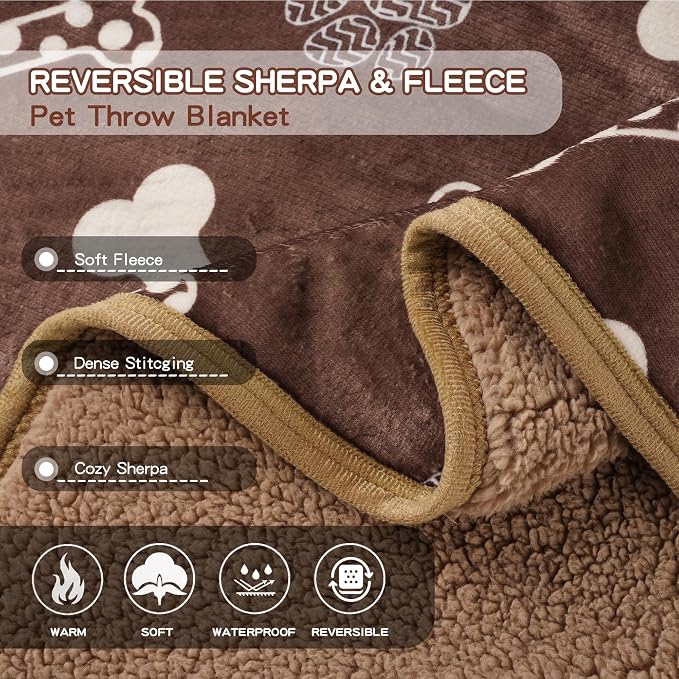 Waterproof Dog Blankets Pet Blanket 50"x60", Soft Fluffy Sofa Car Bed Protector, Reversible Sherpa Fleece Dog Blanket for Large Dogs(Chocolate Brown-Bones)