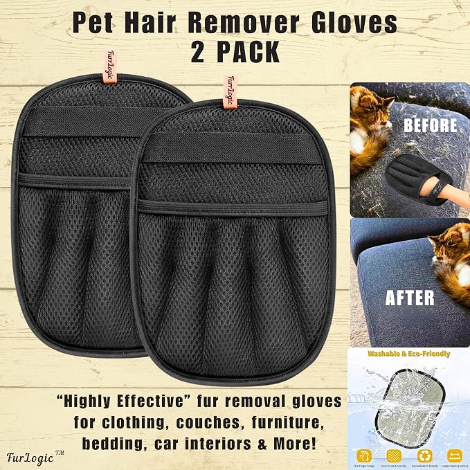 Pet Hair Removal Glove (2PK) - Self Cleaning Cat Hair Brush & Dog Brush - Travel Lint Roller - Furniture Rake for a Clean Home & Happy Pets!