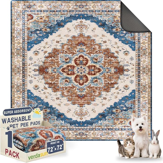 Washable Pee Pads for Dogs, Reusable Puppy Potty Training Pads, Ultra-Absorbent Thick Waterproof Leak-Proof Non-Slip Pads & Mat for Crate, Playpen, Floor, Whelping & Housebreaking , 1 Pack 72"x72"