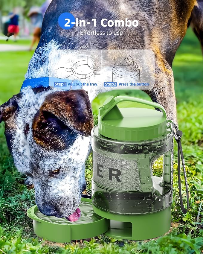 lesotc Portable Dog Water Bowl Dispenser - 77oz Travel Water Bottle with Pop-Out Drinking Bowl, No-Spill Design for Camping, Hiking & Car Rides - Keep Your Dog Hydrated Anywhere, Green