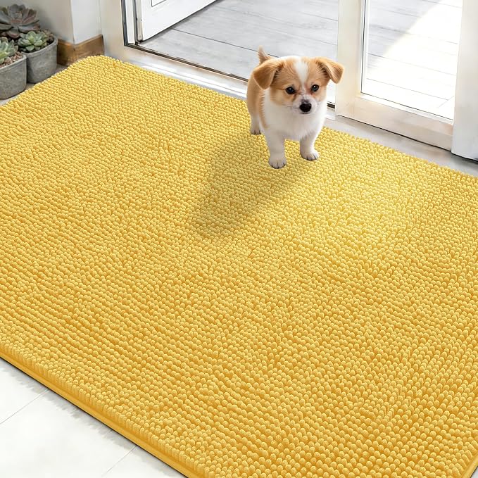 OLANLY Dog Door Mat for Muddy Paws 48x30, Super Absorbent Chenille Mud Mat | Yellow, Absorbs Moisture and Dirt, Non-Slip Machine Washable Doormat, Quick-Drying Indoor Entryway Floor Carpet for Dogs