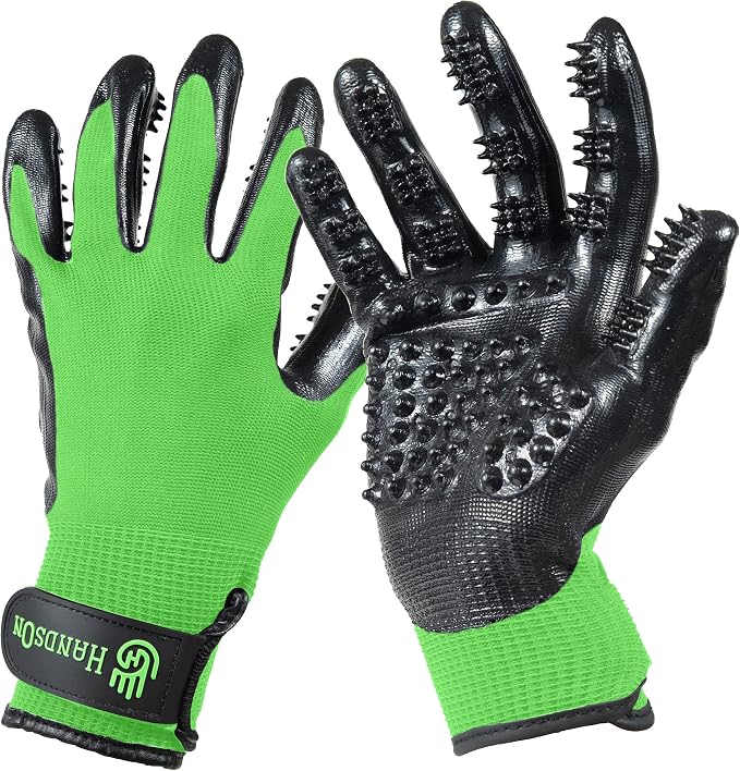 H HANDSON Pet Grooming Gloves - Patented #1 Ranked, Award Winning Shedding, Bathing, & Hair Remover Gloves - Gentle Brush for Cats, Dogs, and Horses (Mono Green, Small)