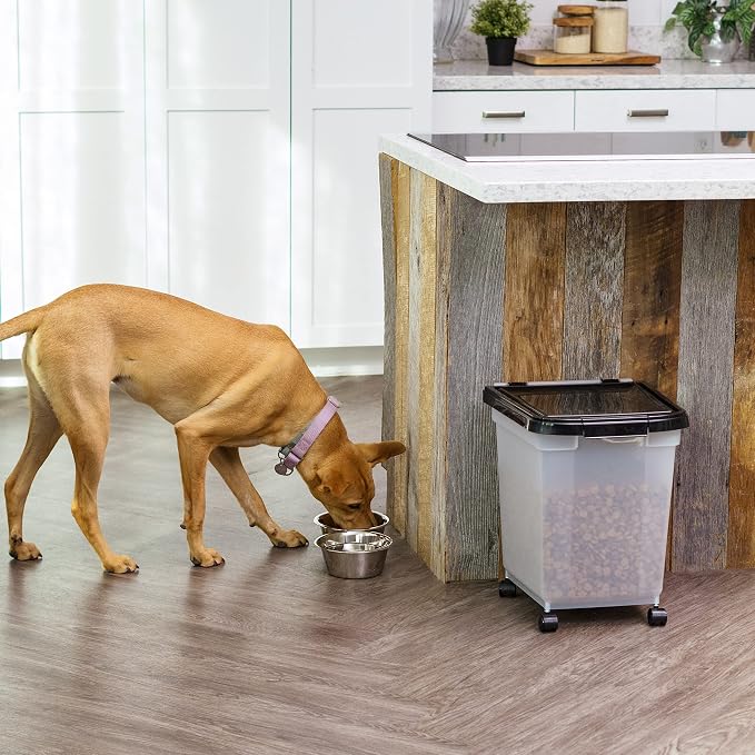 IRIS USA Airtight Dog Food Storage Container, WeatherPro, Up to 25 lbs, Removable Wheels, for Dog Cat Bird and Other Pet Food Storage Bin, Keep Fresh, Translucent Body, Made in USA, Clear/Black