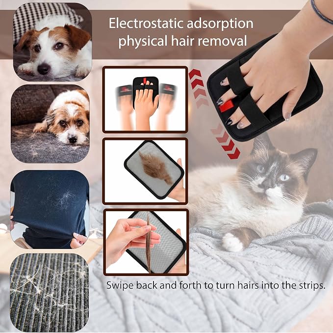 3-PCS Pet Grooming Set – 255-Tip Deshedding Gloves for Dogs & Cats, Gentle Massage Mitt & Hair Remover Brush (Left & Right Hand) + Electrostatic Pet Hair Remover Glove for Furniture & Clothes