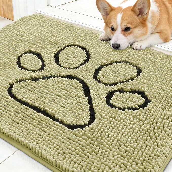 OLANLY Dog Door Mat for Muddy Paws 30x20, Paw Print Design Chenille Mud Mat | Vanilla, Absorbent, Traps Moisture and Dirt, Non-Slip Washable Doormat, Quick-Drying Indoor Entryway Floor Carpet for Dogs