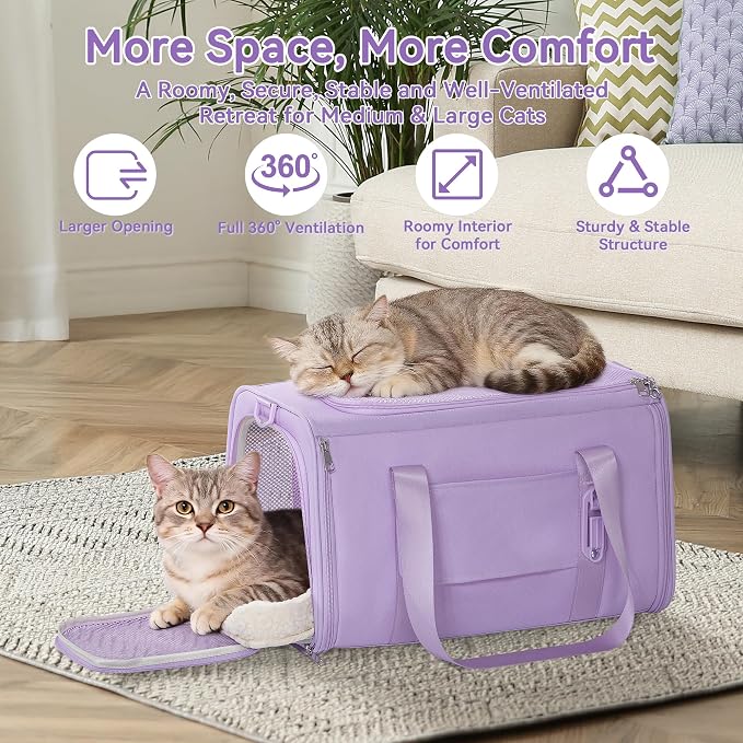 PETSFIT Large Cat Car Carrier with Patented Safety Buckles(19 x 12 x 12) – Roomy Escape-Proof for Safe Driving, Lockable Zippers & Safety Tether, Soft-Sided Travel Carrier for Road Trips & Vet Visits