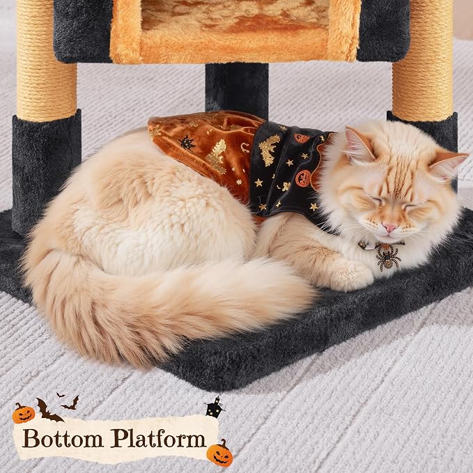 Yaheetech Halloween Cat Tree, Black/Pumpkin Orange Small Cat Tower | Fits small rooms, gothic cute cat bed, wide perch for lounge and scratch, assembles fast with included tools, halloween decor