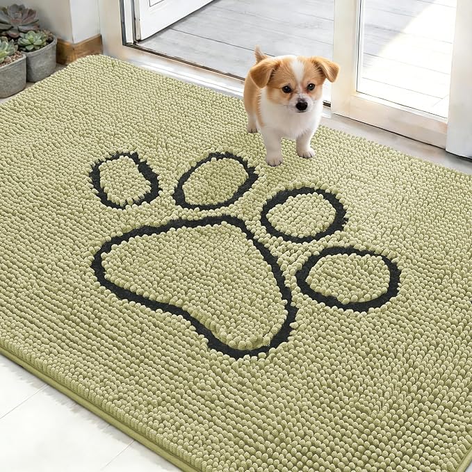 OLANLY Dog Door Mat for Muddy Paws 48x30, Paw Print Design Chenille Mud Mat | Vanilla, Absorbent, Traps Moisture and Dirt, Non-Slip Washable Doormat, Quick-Drying Indoor Entryway Floor Carpet for Dogs