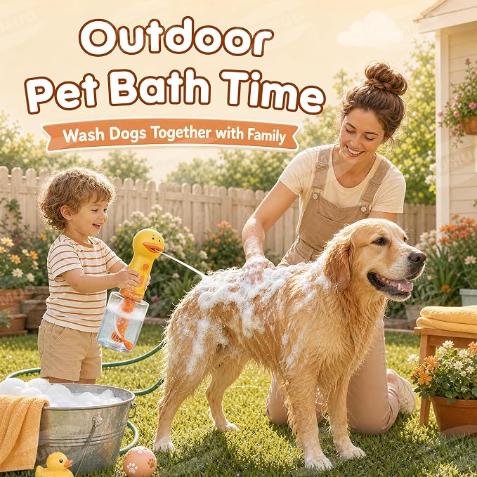Electric Dog Shampoo Dispenser 500ml Rechargeable Duck-Shaped Pet Bath Dispenser with Auto-Mix Motor & 2 Adjustable Silicone Brushes, IPX7 Waterproof Dog Shampoo Frother for Gentle Cleaning