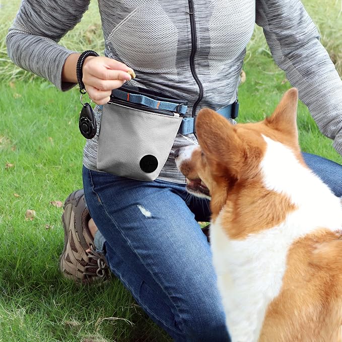 Dog Treat Pouch with Pet Training Clicker, Dog Training Treat Pouch Kit, Magnetic Closure, Hands-Free Training (Grey)
