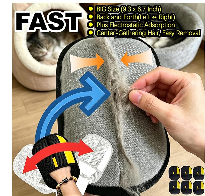 QUALIALL Pet Hair Remover, Washable, 6-Pack, Highly Efficient | Dual-direction Bristles Trap Cat Dog Fur via Friction & Static, Fast Thorough Cleaning, Suits Soft Surfaces
