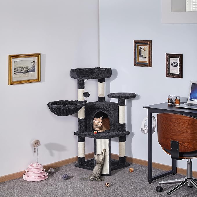 Topeakmart 42in Cat Tree Tower for Indoor Cats, Cat Condo with Perch & Hammock, Activity Center, Multi-Level Cat Furniture with Scratching Posts, Cat House, Black
