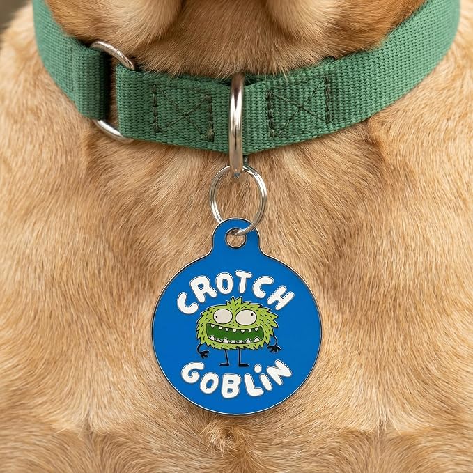 Bad Tags Personalized Dog and Cat ID Tags in 25+ Designs and 2 Sizes - 5 Lines of Custom Engraved Text - Funny Cute Personalized Pet Tags (Crotch Goblin, Large (1.25 inch))