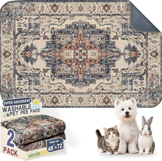 Washable Pee Pads for Dogs, Reusable Puppy Potty Training Pads, Ultra-Absorbent Thick Waterproof Leak-Proof Non-Slip Pads & Mat for Crate, Playpen, Floor, Whelping & Housebreaking , 2 Pack 48"x72"