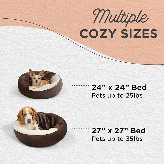 Best Friends by Sheri Cozy Cuddler Ilan Covered Cat and Dog Bed with Attached Blanket, Dark Brown, 24"x24"
