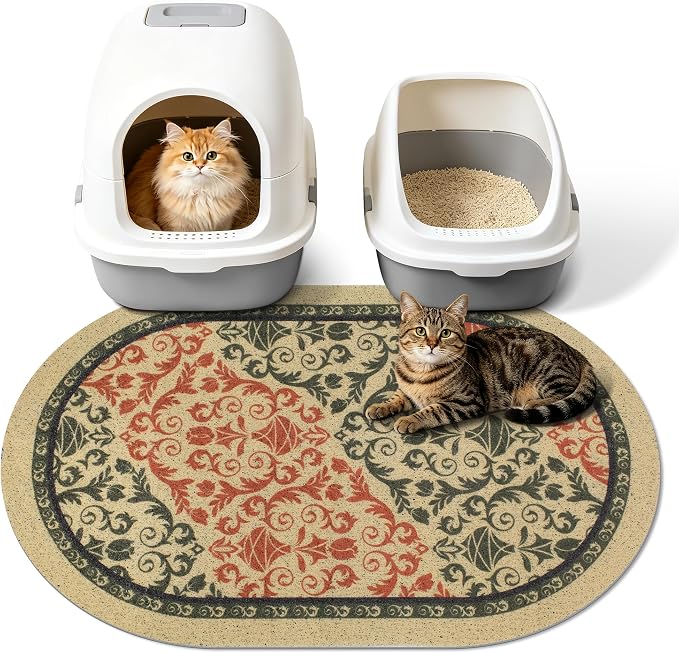 Cat Litter Mat, 33"x22" High Density PVC Litter Rug Trapping Mat, Non-Slip, Waterproof & Urine-Proof Litters Catcher Mats, Keep Floor Clean, Soft on Kitten Paws, Cat Essentials Brown-Green