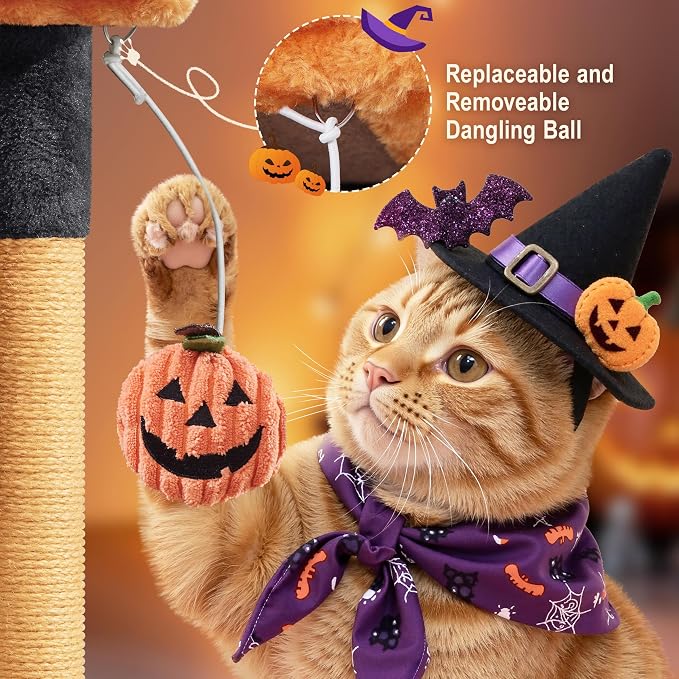 Yaheetech Halloween Cat Tree, Black/Pumpkin Orange Small Cat Tower | Fits small rooms, gothic cute cat bed, wide perch for lounge and scratch, assembles fast with included tools, halloween decor