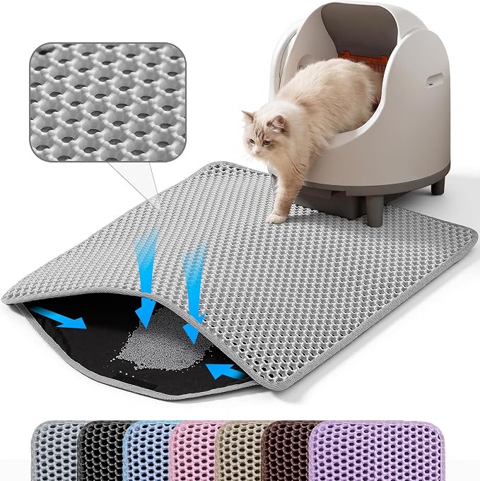 Extra Large Cat Litter Mat, Double Layer Honeycomb Design, Gray | 30x22”, Reduces Litter Tracking, Easy to Clean, Waterproof, Non-Slip, Soft on Paws, Scratch Resistant, Gray, XL