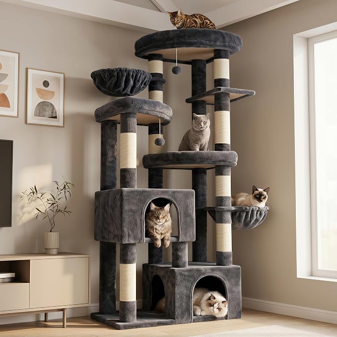 Hey-brother Cat Tree Tower with Tiered Padded Platforms, Condos, MPJ084G | 67.3 Inches Multi-Level Cat House with 9 Sisal Scratching Posts, 2 Plush Hammocks, Toy Ball for Indoor Multi-Cats, Smoky Gray