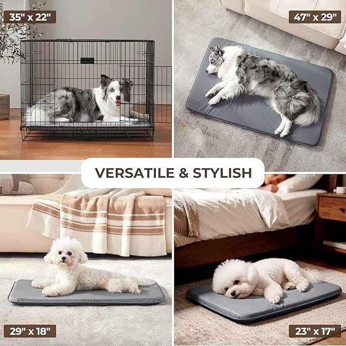 Waterproof Cooling Dog Crate Pad for Mid-Large Dog Indoor Outdoor | 35×22" Dual‑Sided Washable Dog Bed for Crate, Foam Kennel Sleeping Mat Wipeable, Grey