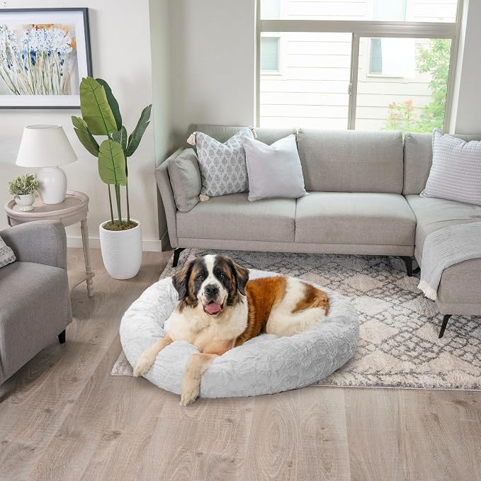 Best Friends by Sheri The Original Calming Donut Dog Bed for Extra-Large Dogs up to 150 lbs, Lux Faux Fur, Gray, 45" x 45"