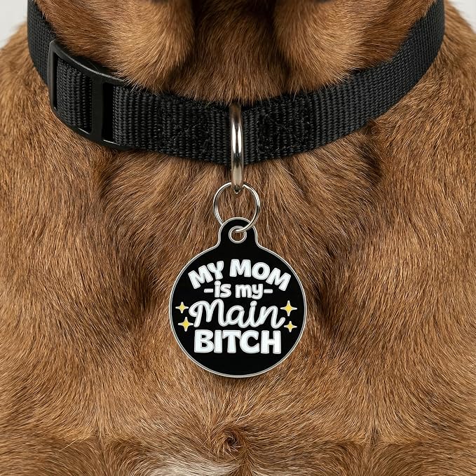 Bad Tags Personalized Dog and Cat ID Tags in 25+ Designs and 2 Sizes - 5 Lines of Custom Engraved Text - Funny Cute Personalized Pet Tags (My Mom is My Main B*tch - Black, Small (1 inch))