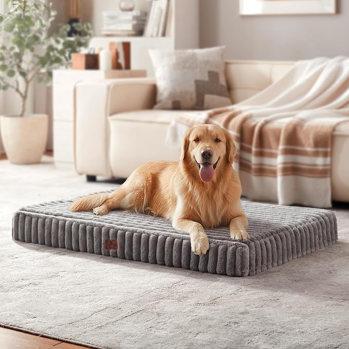 Dog Bed Large Sized for Crate, Orthopedic Pet Pad for Dogs with Removable Washable Cover, Waterproof Dogs Beds Up to 50 lbs, Soft Plush Surface & Egg Foam for Calming, 35x22x3 Inch, Grey