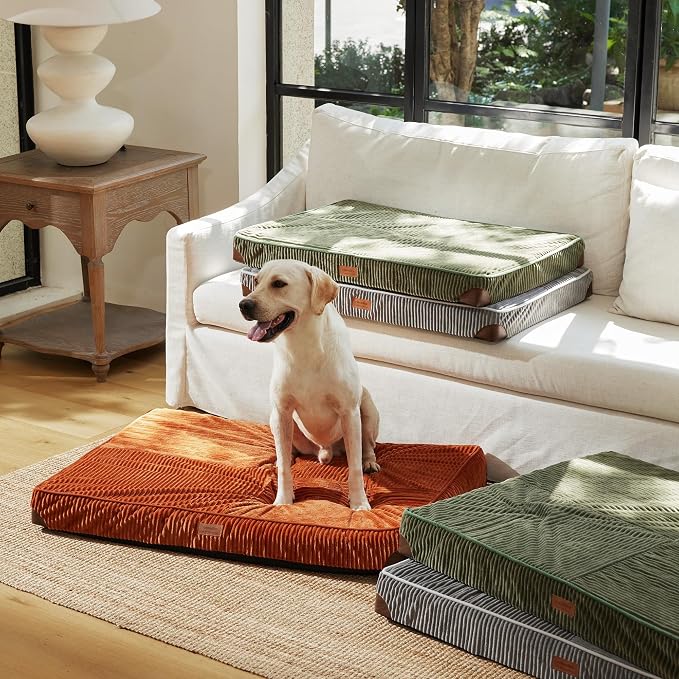 FUKUMARU X-Large Dog Bed, Thickened Waterproof Dog Mat with Washable Cover | 4" Extra Thick Egg Crate Foam Pet Mat, Corduroy Orthopedic Dog Bed for Crate, Flat Dog Pad with Anti-Slip Bottom
