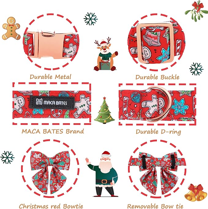 Maca Bates Christmas Red Gman Dog Collar with Bow Bowtie for Dogs Sailor Bow Tie Adjustable Breakaway Red Collars Accessories Gift for Extra Large Puppy with Golden Metal Buckle