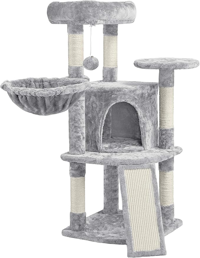 Topeakmart 42in Cat Tree Tower for Indoor Cats, Cat Condo with Perch & Hammock, Activity Center, Multi-Level Cat Furniture with Scratching Posts, Cat House, Light Gray
