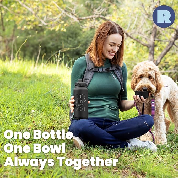 Dog Water Bottle for Dog Lovers - 32 oz Stainless Steel Double Wall Insulated Water Bottle with 8 oz Detachable Bowl on Bottom- Doggy Lover Gift for Hiking, Walks, Travel - “Favorite People” Black