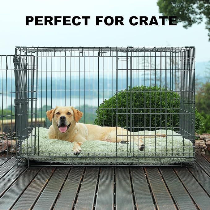Bedfolks Waterproof Dog Crate Bed, Plush Large Dog Pad, 41"x27", Sage Green | Faux Fur Plush Cover, Zippered Removable Washable Outer, Waterproof Inner Lining, Non-Slip Base, Crate Pad and Dog Pillow