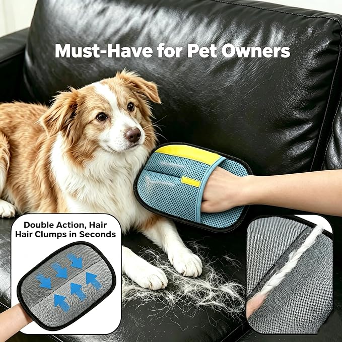 SHIAWASENA Pet Hair Removal Gloves, 2 Pack Electrostatic Washable Blue Mesh with Grooming Comb | Pet Hair Remover for Laundry, Couch, Furniture, Carpet, Car Seat, Cats & Dogs,Reusable
