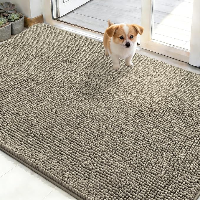 OLANLY Dog Door Mat for Muddy Paws 50x30, Super Absorbent Chenille Mud Mat | Warm Taupe, Absorbs Moisture and Dirt, Non-Slip Machine Washable Doormat, Quick-Drying Indoor Entryway Floor Carpet for Dogs