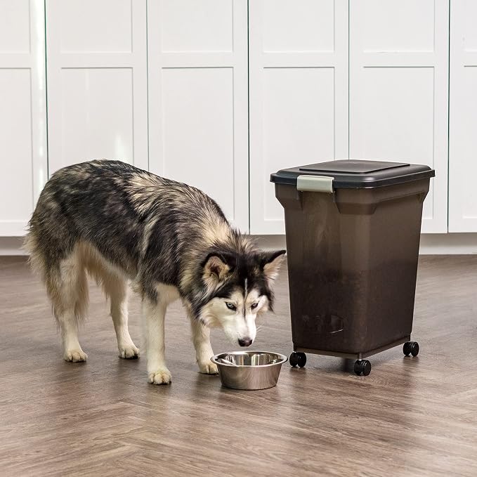 IRIS USA Dog Food Storage Container, Up to 40 lbs, Smoke, Made in USA | Wheels for Mobility, Airtight Seal, BPA-Free, Best for Bird Seed, Cat food, Cat Litter, Chicken Feed, Pellets