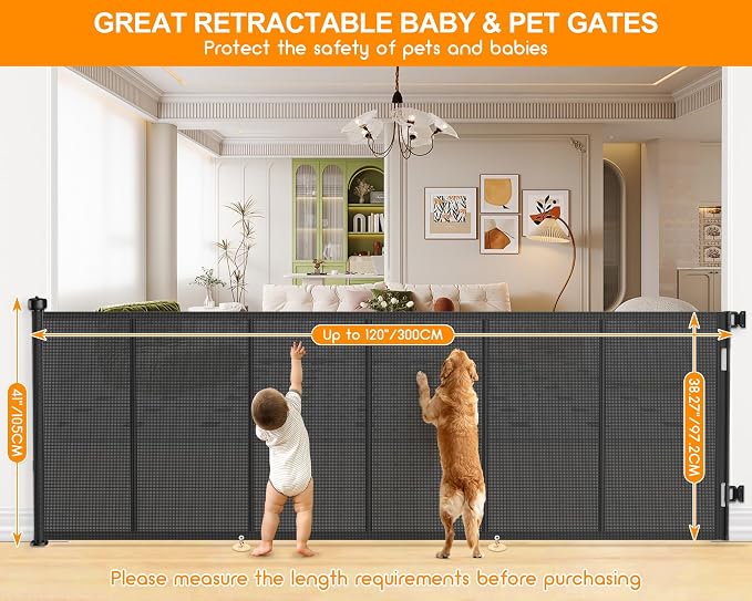 120 Inch Retractable Baby Gates Extra Wide, 41 Inch Reinforced Extra Tall Gate for Large Openings, Mesh Safety Gate for Kids Pets, Retractable Dog Gate for Stair Hallways Doorway Indoor Outdoor, Black