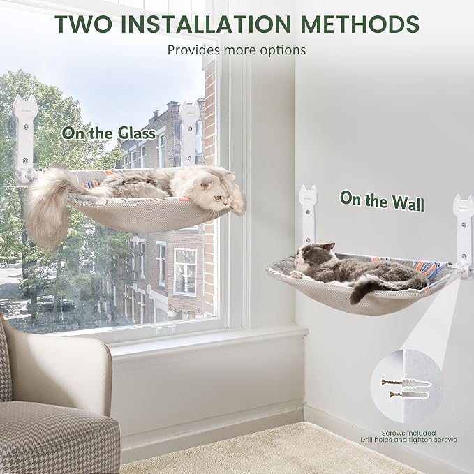 HiPetpy 2-Pack Large Cat Window Perch, Cordless Foldable Cat Hammock | Glow in the dark fabric, removable soft cover, breathable mesh, suction cups, large window cat bed for indoor cats